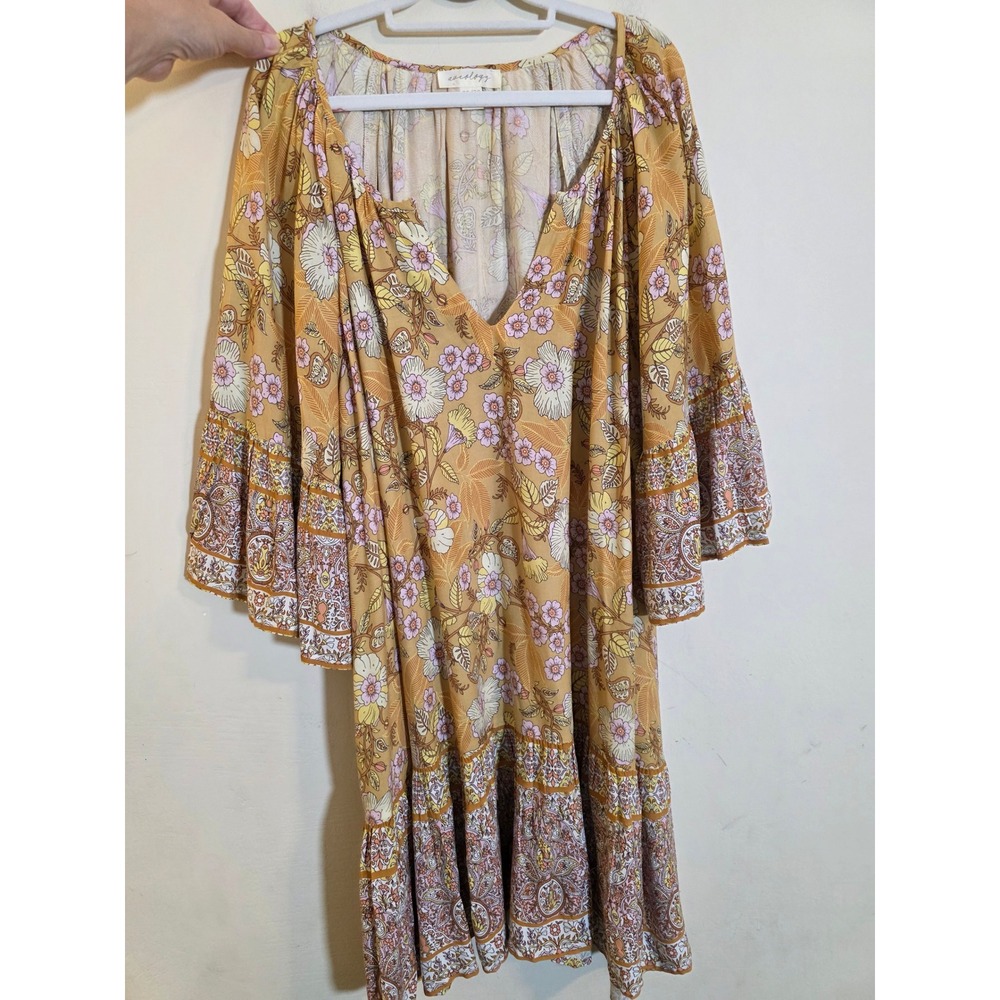 Aveology Mustard Yellow Floral Paisley Boho Bell Sleeve Tiered Mini Dress 26/28